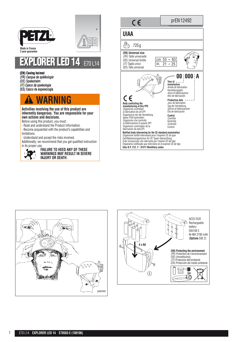 Petzl EXPLORER LED 14_каска User Manual | 9 pages