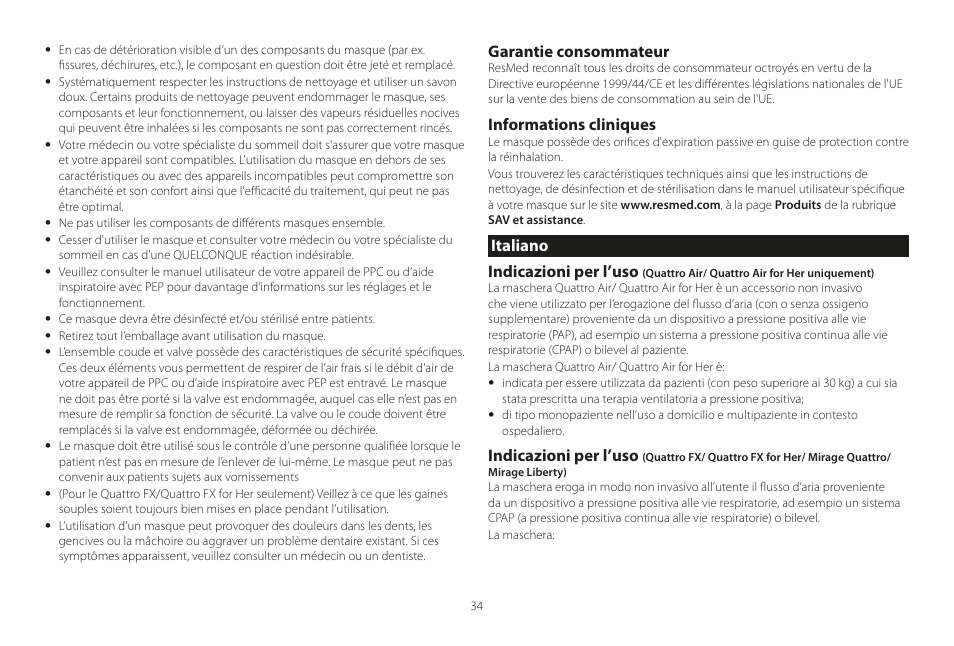 Italiano, Garantie consommateur, Informations cliniques | Italiano indicazioni per l’uso, Indicazioni per l’uso | ResMed Mirage Liberty User Manual | Page 34 / 86