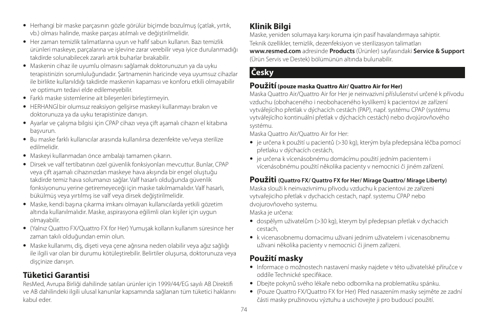 Česky, Tüketici garantisi, Klinik bilgi | Česky použití, Použiti, Použití masky | ResMed Mirage Liberty User Manual | Page 74 / 86