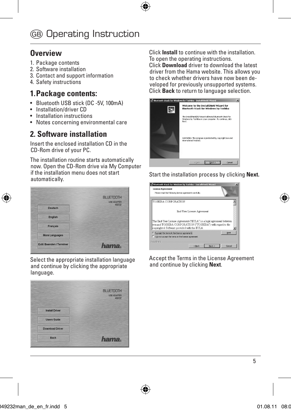 Goperating instruction, Overview, Package contents | Software installation | Hama Bluetooth USB Adapter Nano User Manual | Page 2 / 10