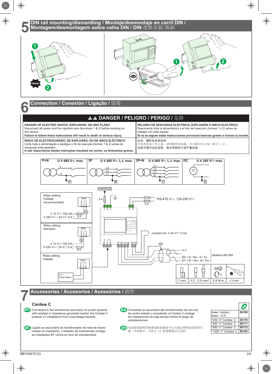 Connection / conexión / ligação / 连接, Danger / peligro / perigo / 危险, Accessories / accesorios / acessórios / 附件 | Zh es pt en | Schneider Electric Vigilohm IM20 User Manual | Page 2 / 10