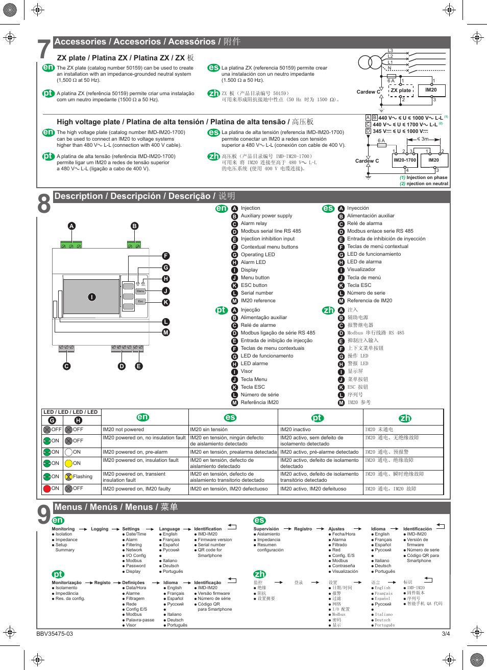 Description / descripción / descrição / 说明, Accessories / accesorios / acessórios / 附件 pt en, Es zh | Zh pt es en, Zh es pt en, Menus / menús / menus / 菜单, Zx plate / platina zx / platina zx / zx 板 | Schneider Electric Vigilohm IM20 User Manual | Page 3 / 10