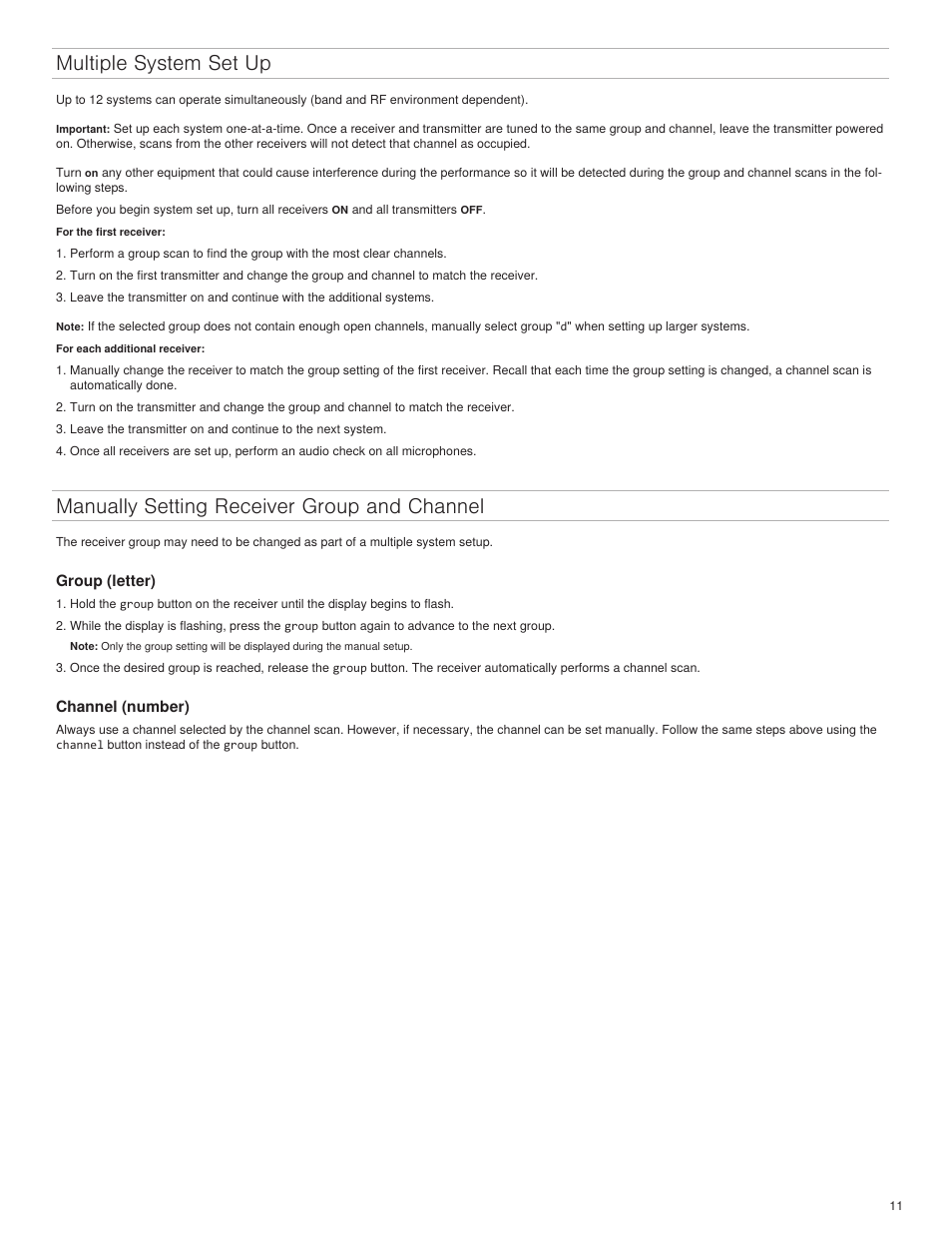 Multiple system set up, Manually setting receiver group and channel | Shure BLX4R User Manual | Page 11 / 72