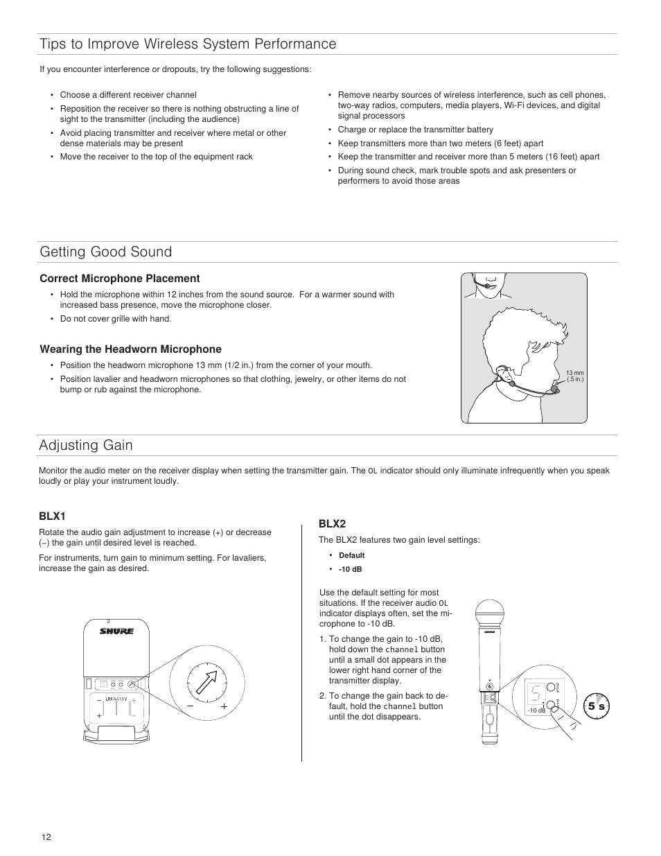 Tips to improve wireless system performance, Getting good sound adjusting gain, Blx1 | Blx2, Correct microphone placement, Wearing the headworn microphone | Shure BLX4R User Manual | Page 12 / 72