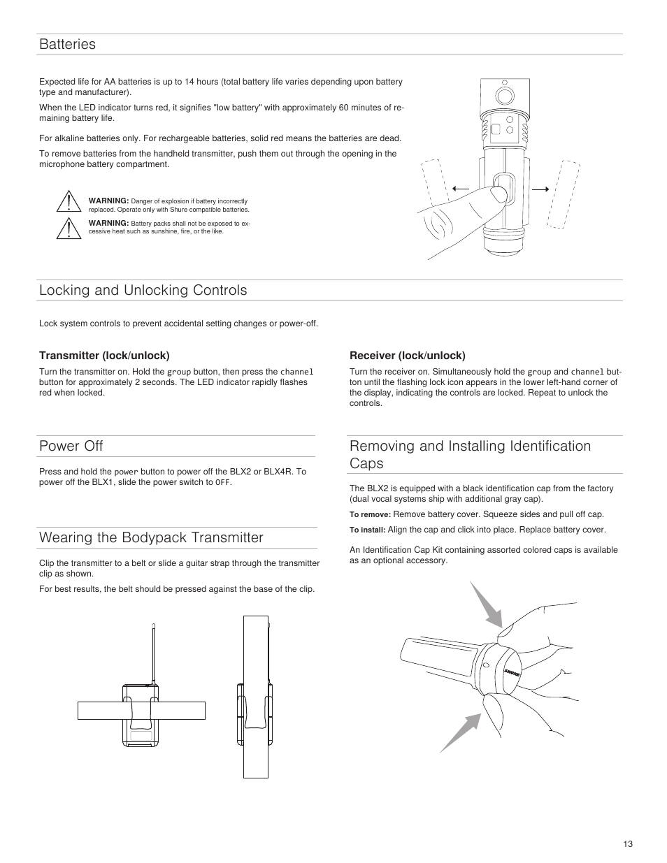 Batteries, Power off, Wearing the bodypack transmitter | Removing and installing identification caps, Locking and unlocking controls | Shure BLX4R User Manual | Page 13 / 72