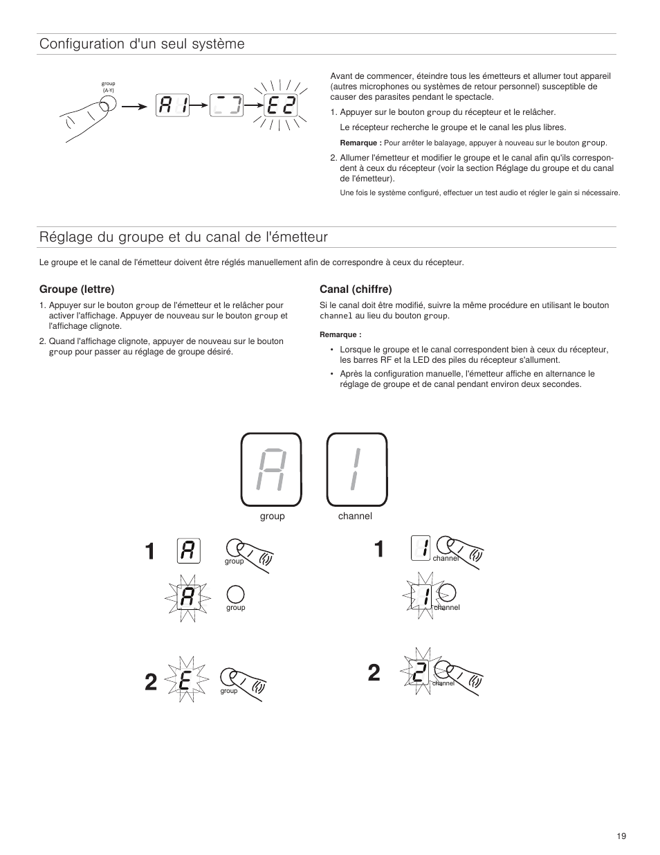 Configuration d'un seul système, Réglage du groupe et du canal de l'émetteur | Shure BLX4R User Manual | Page 19 / 72