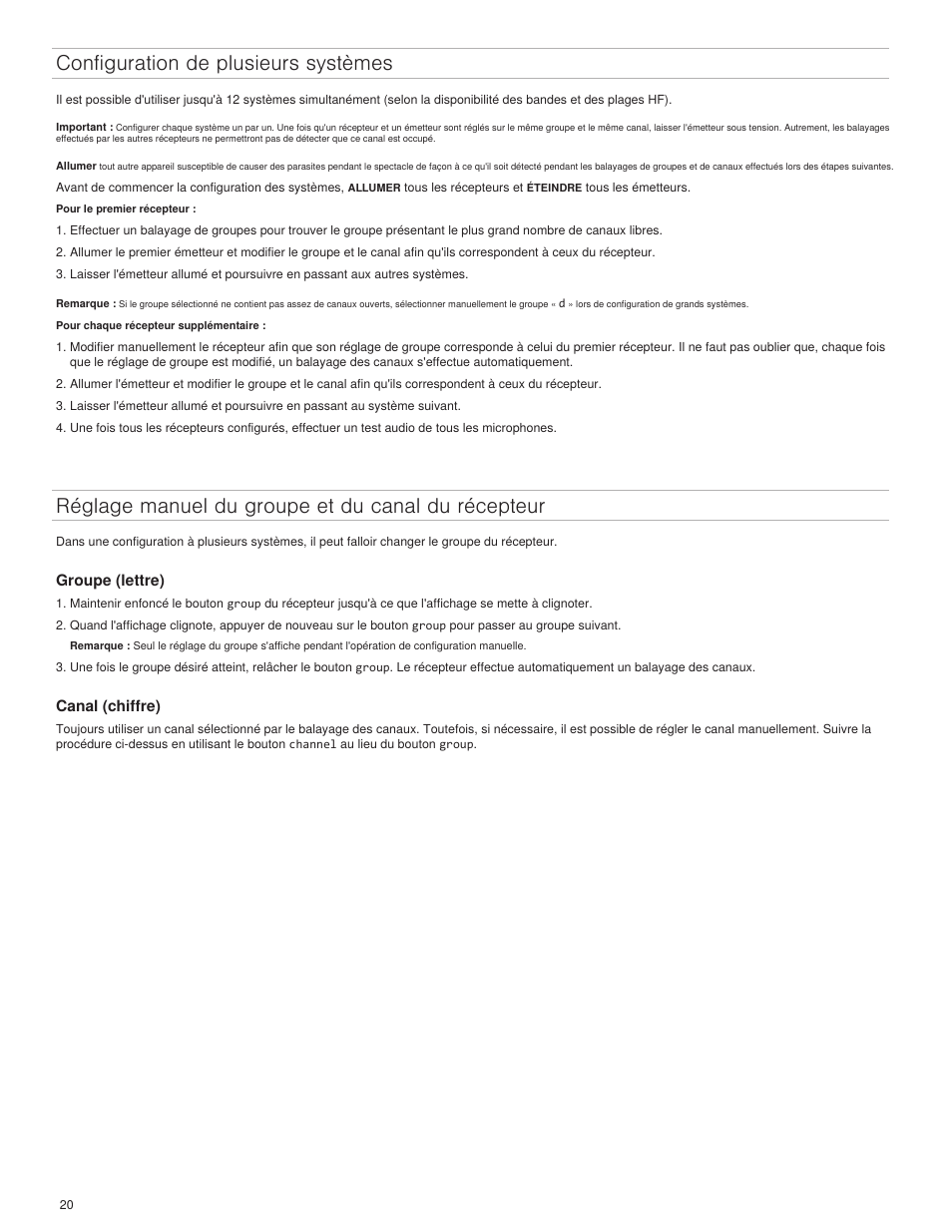 Configuration de plusieurs systèmes, Réglage manuel du groupe et du canal du récepteur | Shure BLX4R User Manual | Page 20 / 72