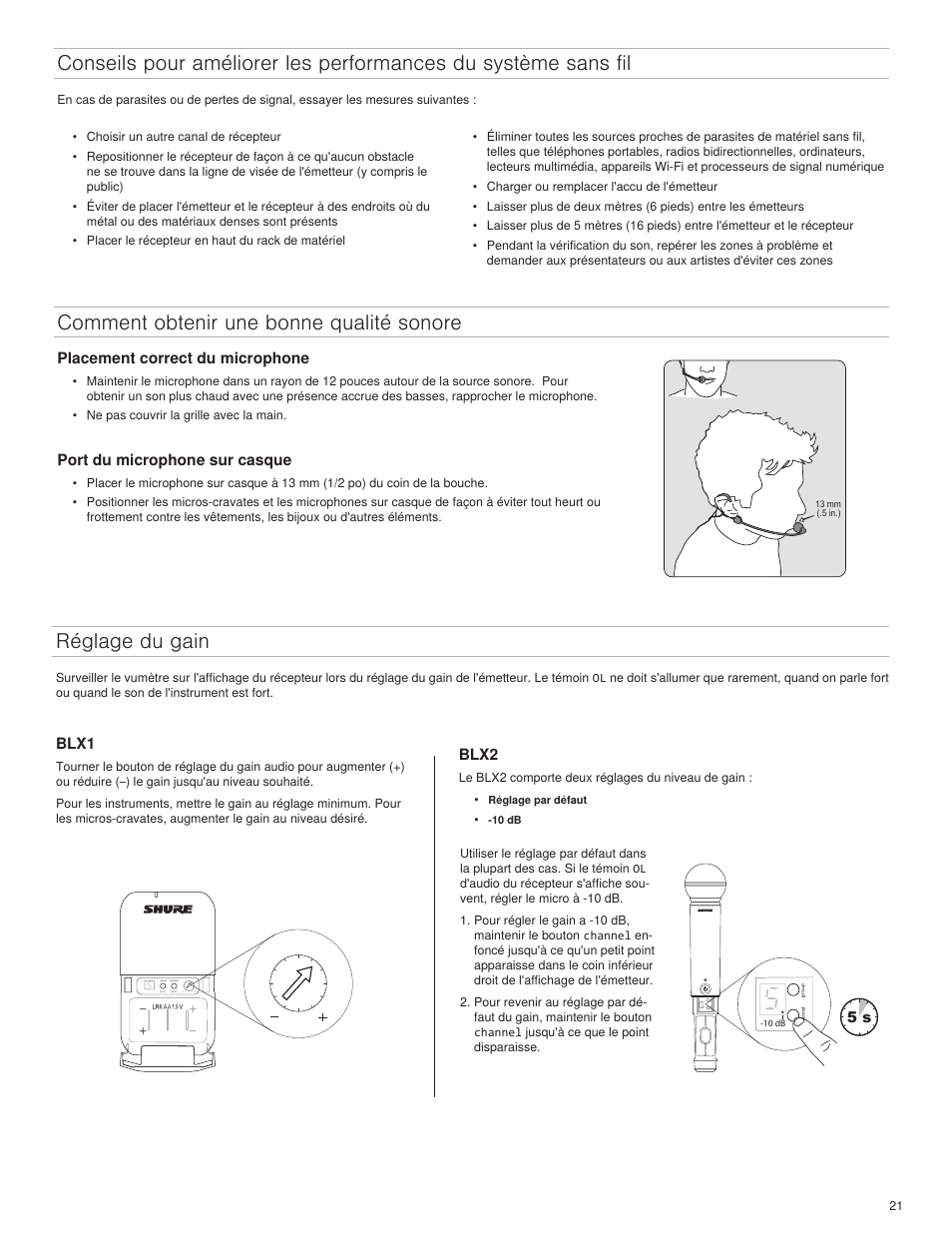 Blx1, Blx2, Placement correct du microphone | Port du microphone sur casque | Shure BLX4R User Manual | Page 21 / 72