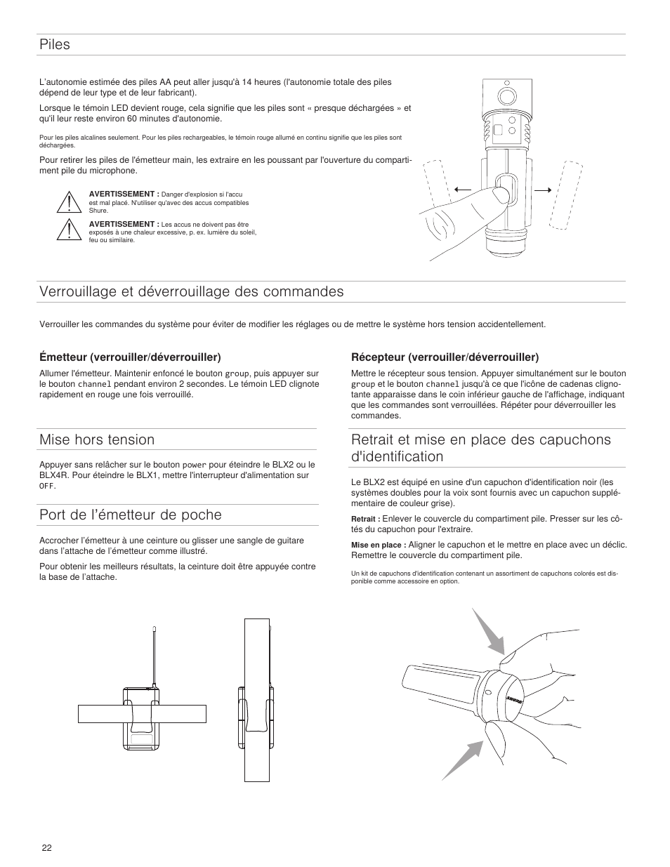 Piles, Mise hors tension, Port de l’émetteur de poche | Verrouillage et déverrouillage des commandes | Shure BLX4R User Manual | Page 22 / 72