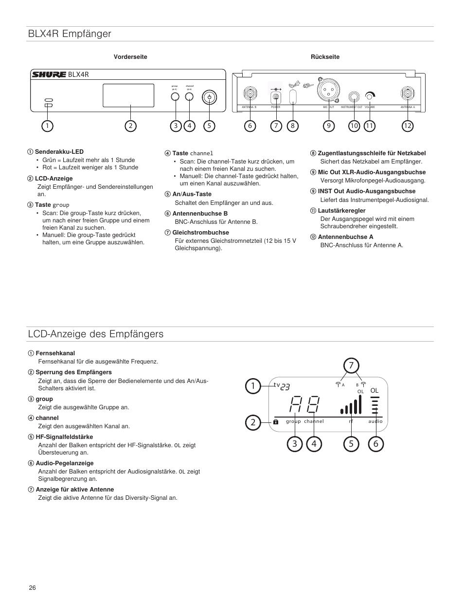 Lcd-anzeige des empfängers, Blx4r empfänger | Shure BLX4R User Manual | Page 26 / 72