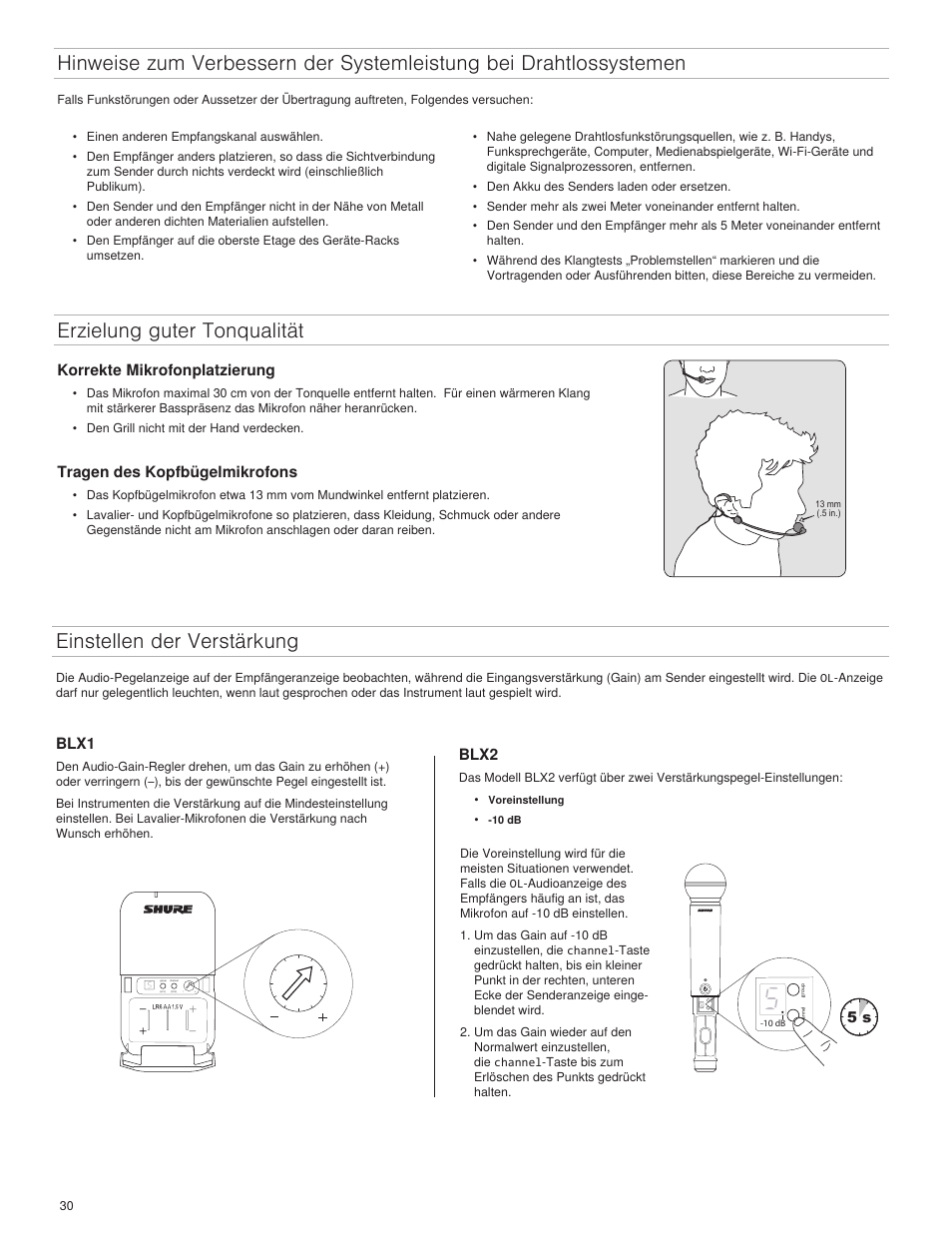 Blx1, Blx2, Korrekte mikrofonplatzierung | Tragen des kopfbügelmikrofons | Shure BLX4R User Manual | Page 30 / 72