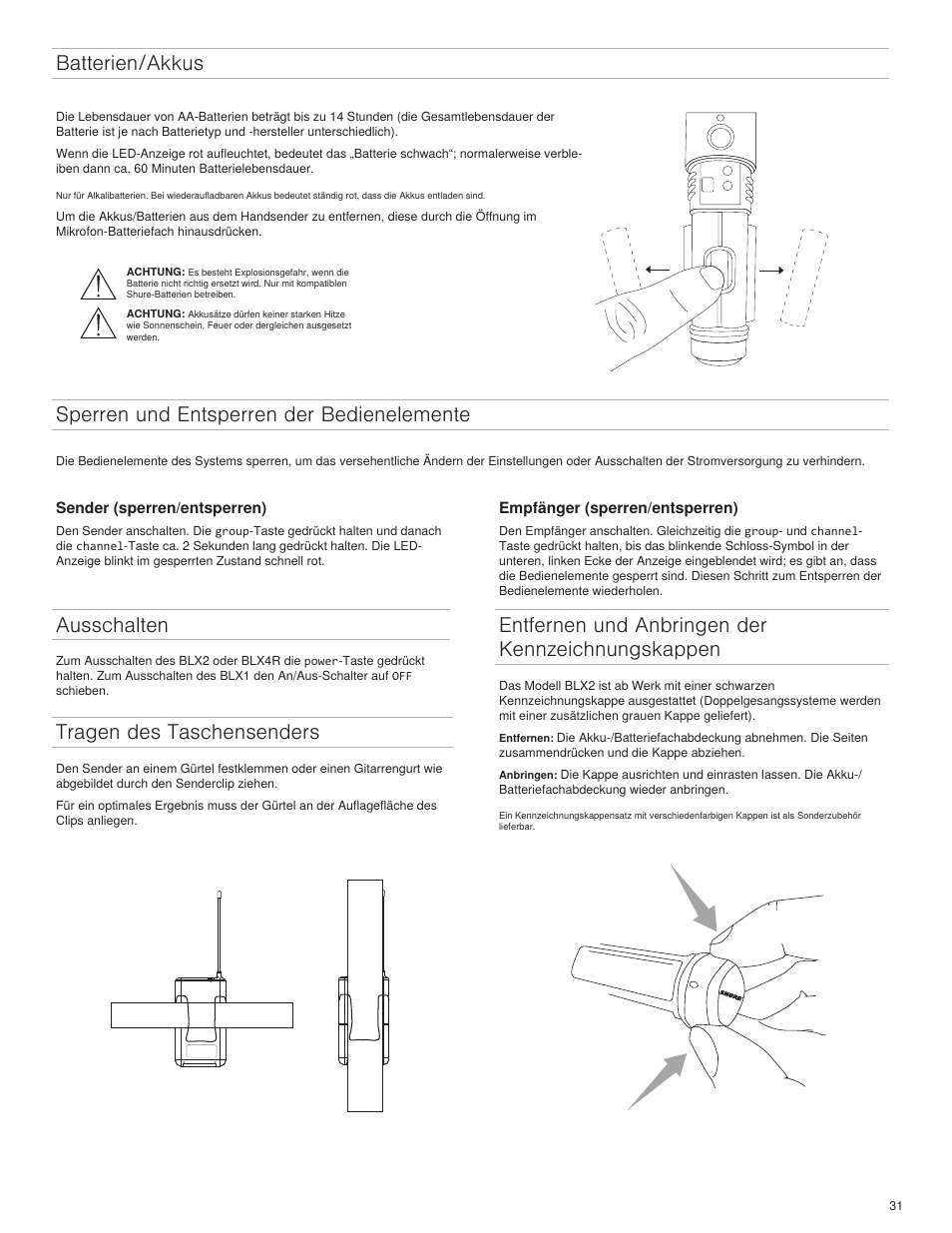 Batterien/akkus, Ausschalten, Tragen des taschensenders | Entfernen und anbringen der kennzeichnungskappen, Sperren und entsperren der bedienelemente | Shure BLX4R User Manual | Page 31 / 72