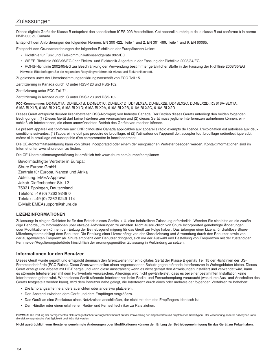 Zulassungen | Shure BLX4R User Manual | Page 34 / 72