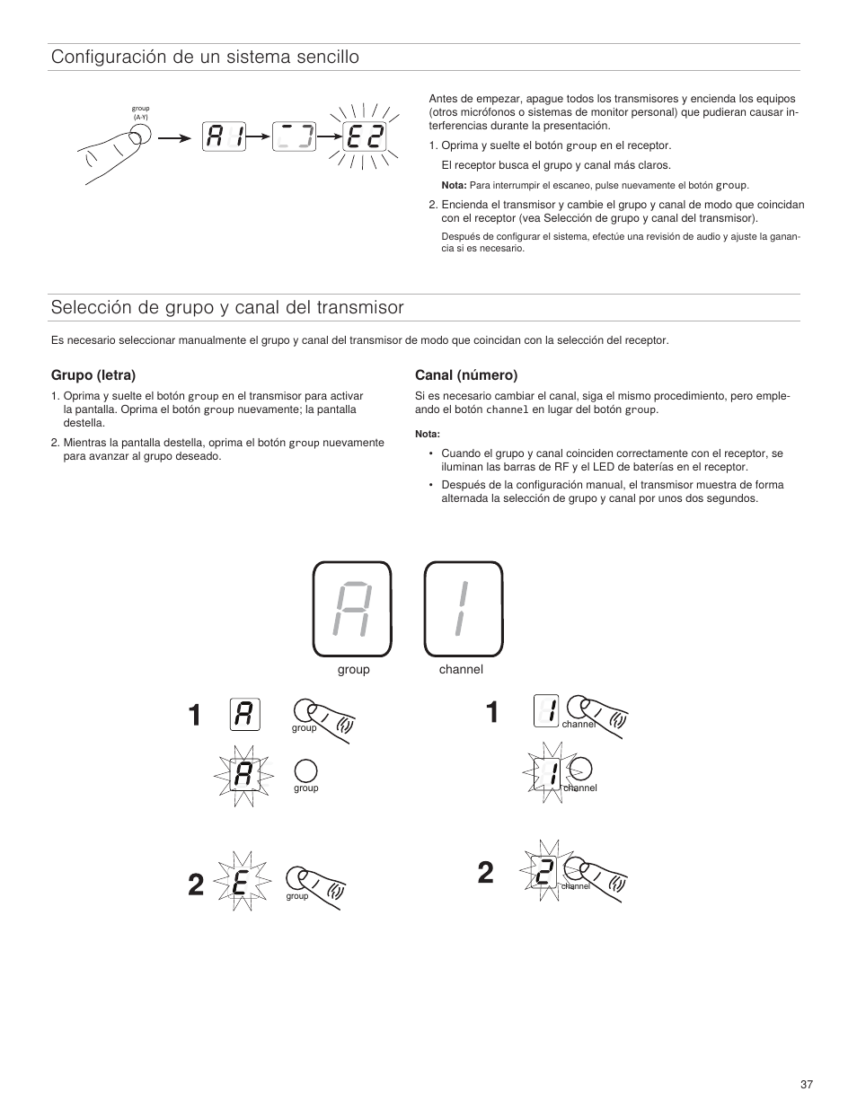 Configuración de un sistema sencillo, Selección de grupo y canal del transmisor | Shure BLX4R User Manual | Page 37 / 72