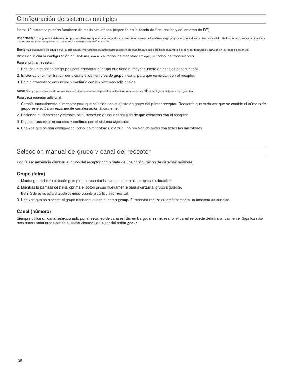Configuración de sistemas múltiples, Selección manual de grupo y canal del receptor | Shure BLX4R User Manual | Page 38 / 72
