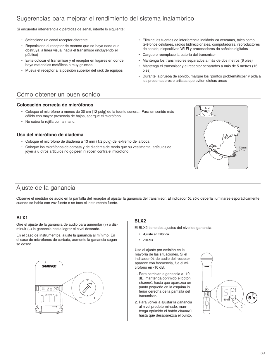 Cómo obtener un buen sonido ajuste de la ganancia, Blx1, Blx2 | Colocación correcta de micrófonos, Uso del micrófono de diadema | Shure BLX4R User Manual | Page 39 / 72