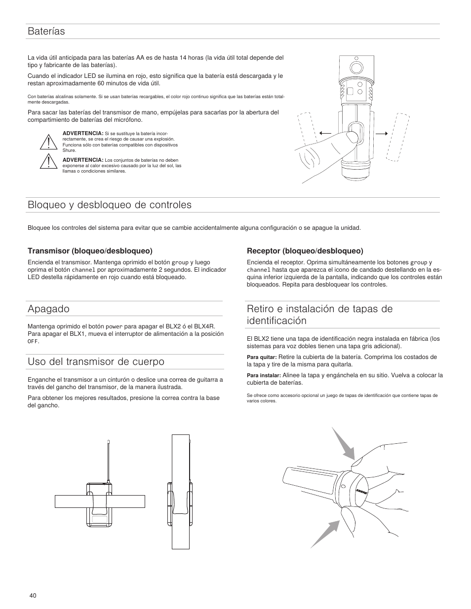 Baterías, Apagado, Uso del transmisor de cuerpo | Retiro e instalación de tapas de identificación, Bloqueo y desbloqueo de controles | Shure BLX4R User Manual | Page 40 / 72