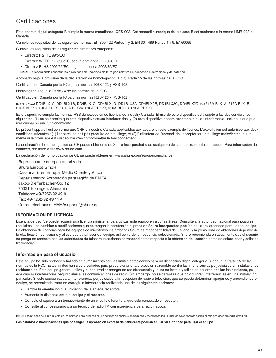 Certificaciones | Shure BLX4R User Manual | Page 43 / 72