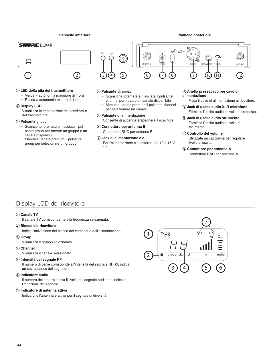 Display lcd del ricevitore | Shure BLX4R User Manual | Page 44 / 72