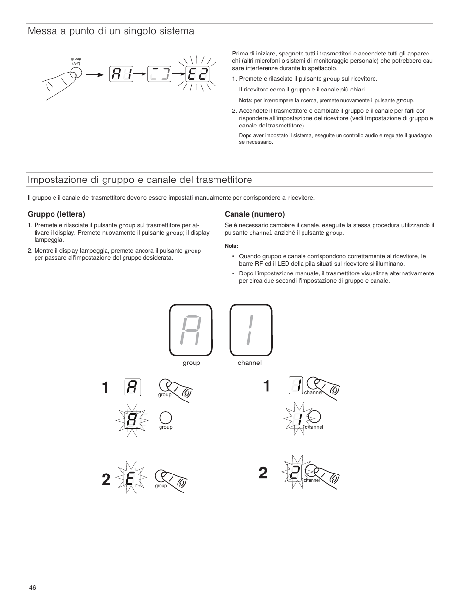 Messa a punto di un singolo sistema, Impostazione di gruppo e canale del trasmettitore | Shure BLX4R User Manual | Page 46 / 72