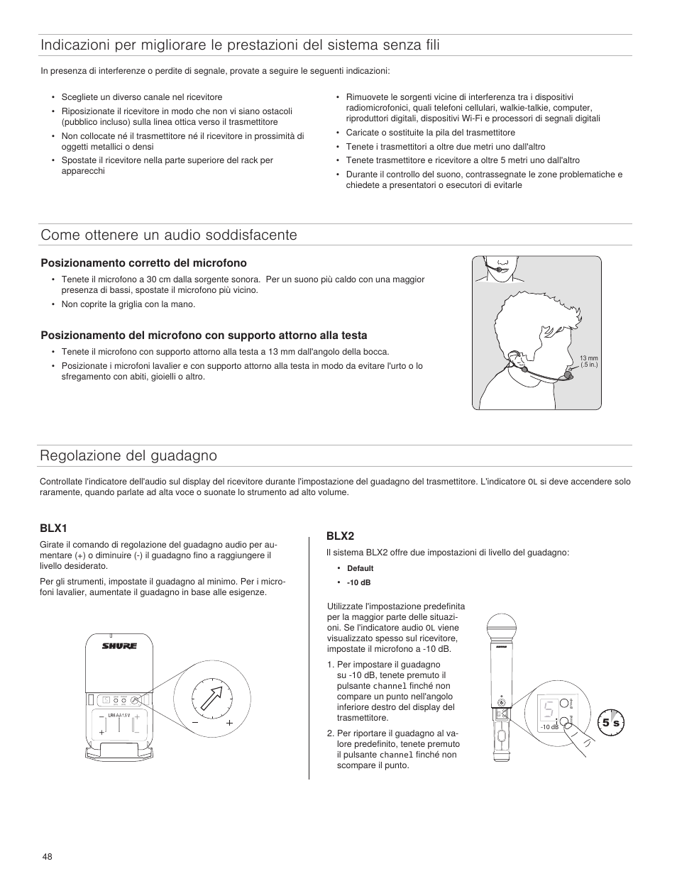 Blx1, Blx2, Posizionamento corretto del microfono | Shure BLX4R User Manual | Page 48 / 72