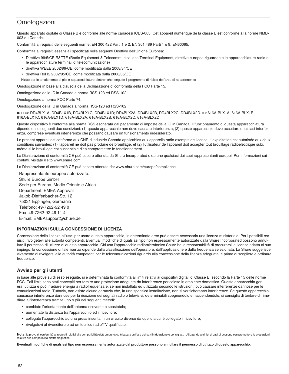 Omologazioni | Shure BLX4R User Manual | Page 52 / 72