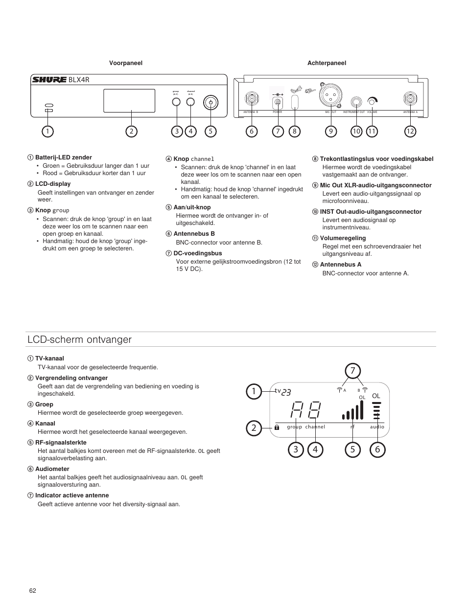 Lcd-scherm ontvanger | Shure BLX4R User Manual | Page 62 / 72