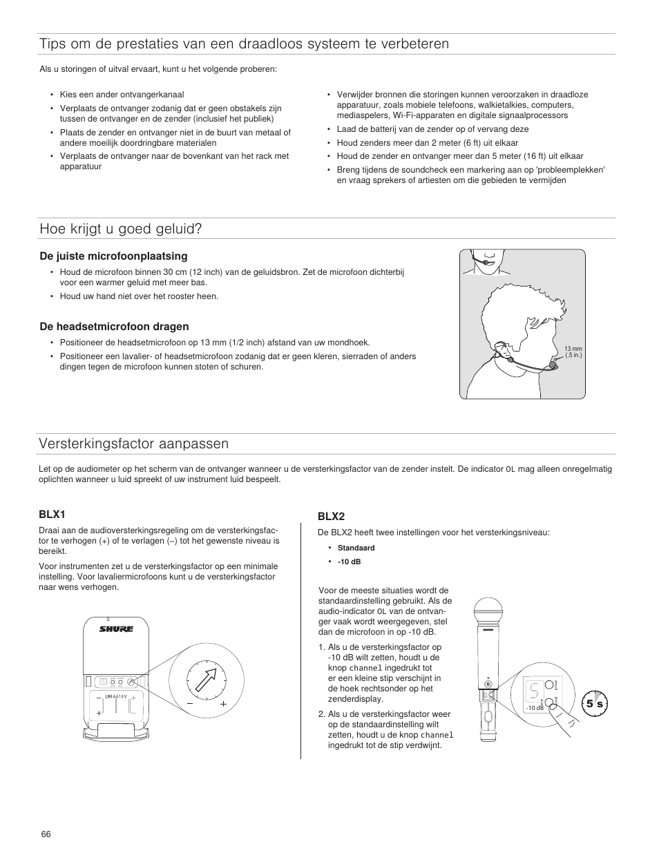 Blx1, Blx2, De juiste microfoonplaatsing | De headsetmicrofoon dragen | Shure BLX4R User Manual | Page 66 / 72