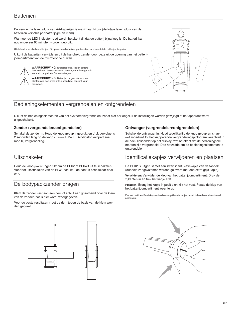 Batterijen, Uitschakelen, De bodypackzender dragen | Identificatiekapjes verwijderen en plaatsen, Bedieningselementen vergrendelen en ontgrendelen | Shure BLX4R User Manual | Page 67 / 72