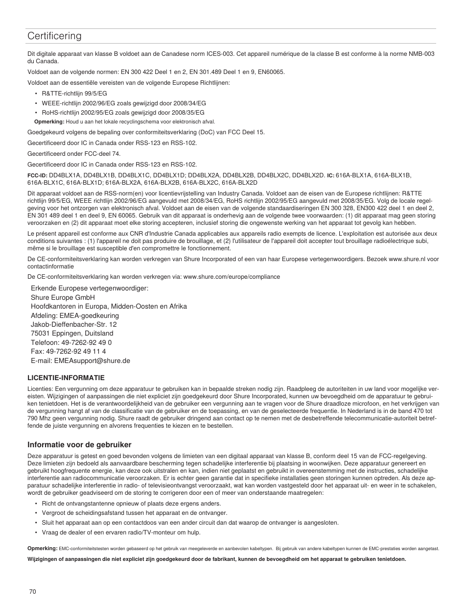 Certificering | Shure BLX4R User Manual | Page 70 / 72