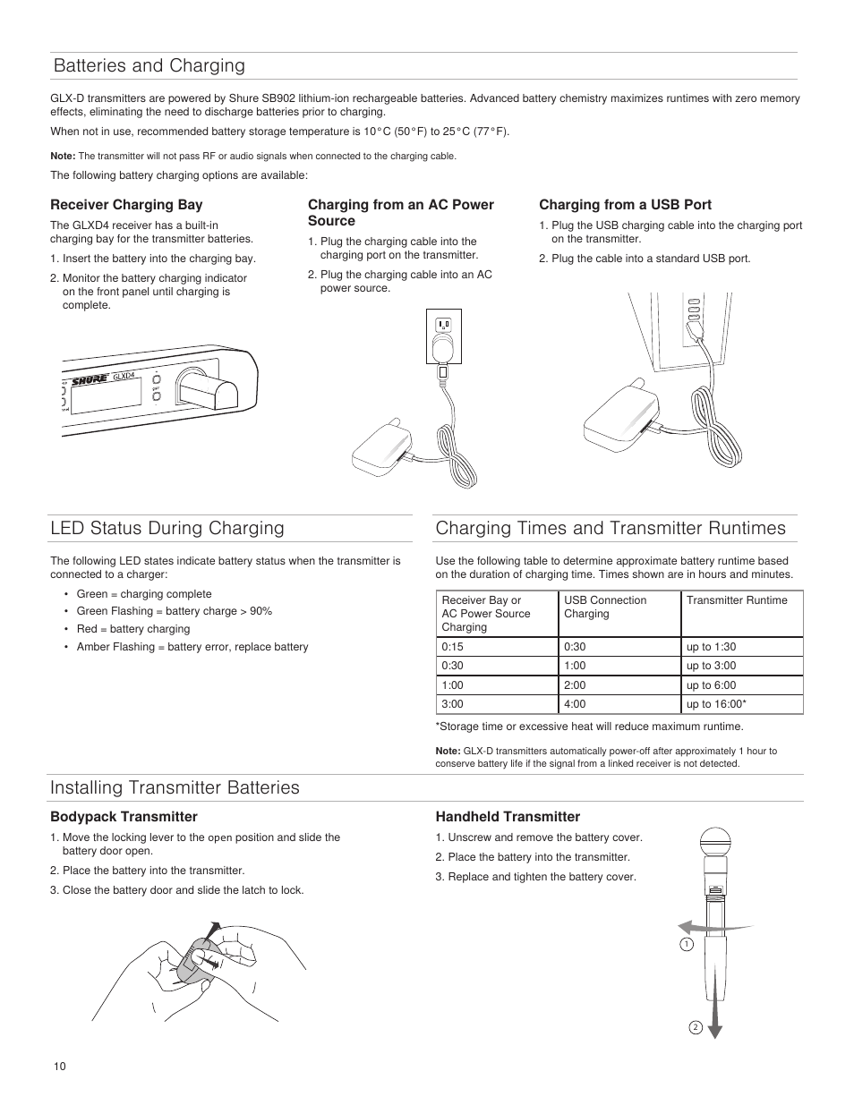 Batteries and charging led status during charging, Charging times and transmitter runtimes, Installing transmitter batteries | Shure GLXD4 Wireless Receiver User Manual | Page 10 / 96