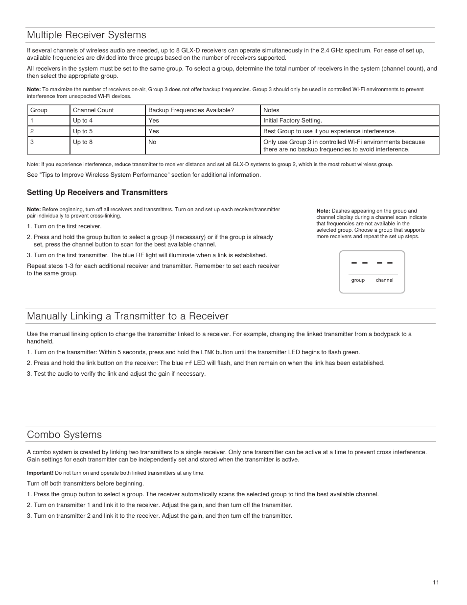 Multiple receiver systems, Manually linking a transmitter to a receiver, Combo systems | Shure GLXD4 Wireless Receiver User Manual | Page 11 / 96