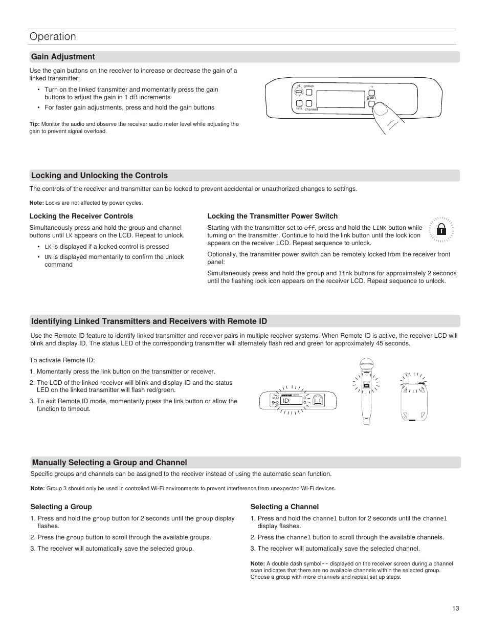 Operation, Gain adjustment, Locking and unlocking the controls | Manually selecting a group and channel, Locking the receiver controls, Selecting a group, Selecting a channel, Locking the transmitter power switch, Glxd2 on | Shure GLXD4 Wireless Receiver User Manual | Page 13 / 96