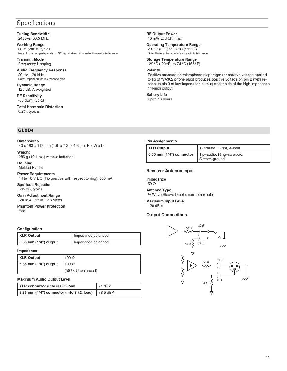 Specifications | Shure GLXD4 Wireless Receiver User Manual | Page 15 / 96