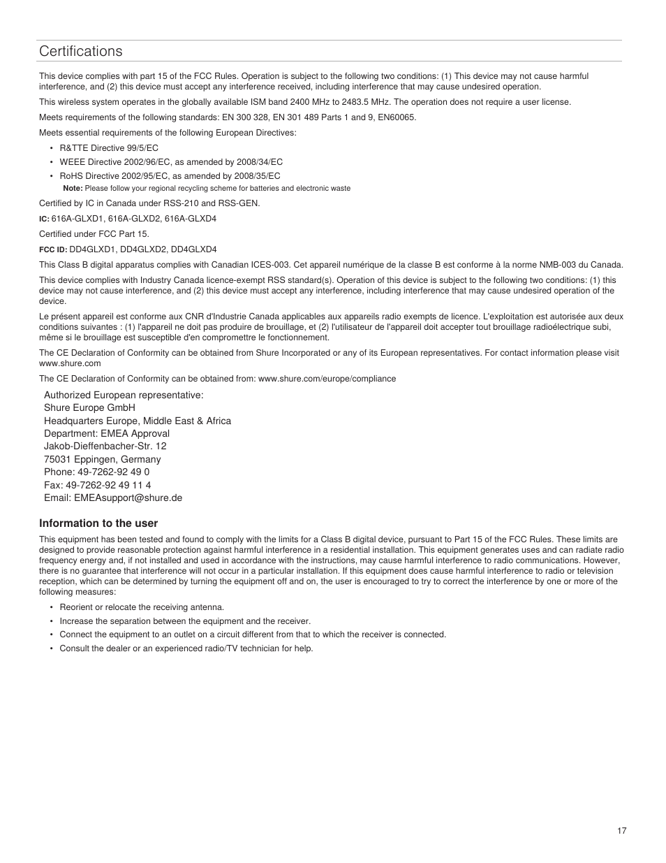 Certifications | Shure GLXD4 Wireless Receiver User Manual | Page 17 / 96