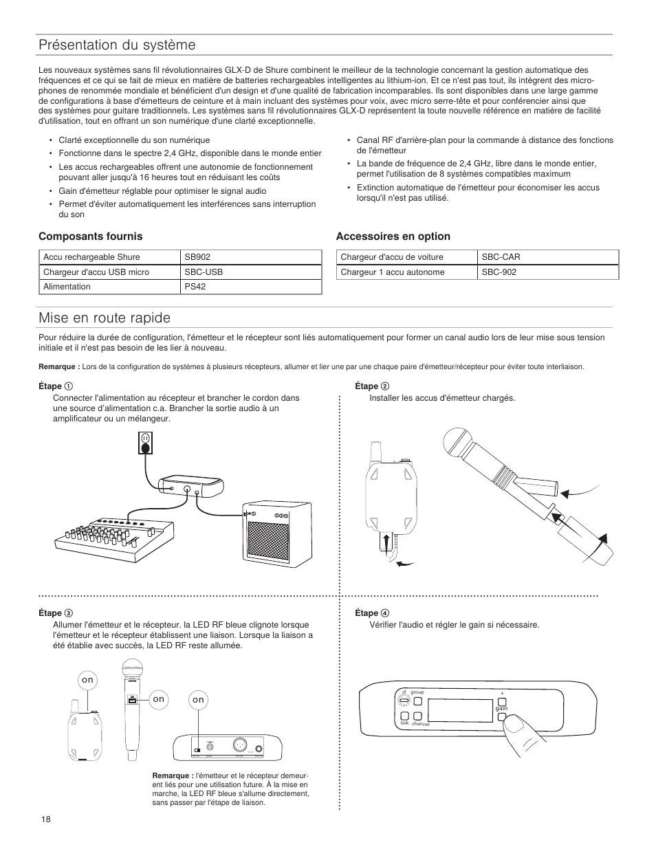 Présentation du système, Mise en route rapide, Composants fournis | Accessoires en option | Shure GLXD4 Wireless Receiver User Manual | Page 18 / 96