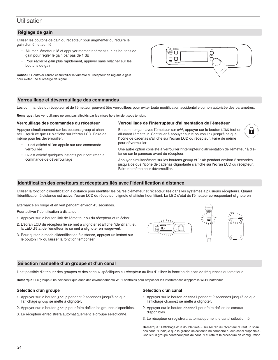 Utilisation, Réglage de gain, Verrouillage et déverrouillage des commandes | Sélection manuelle d’un groupe et d’un canal, Verrouillage des commandes du récepteur, Sélection d'un groupe, Sélection d'un canal, Glxd2 on | Shure GLXD4 Wireless Receiver User Manual | Page 24 / 96