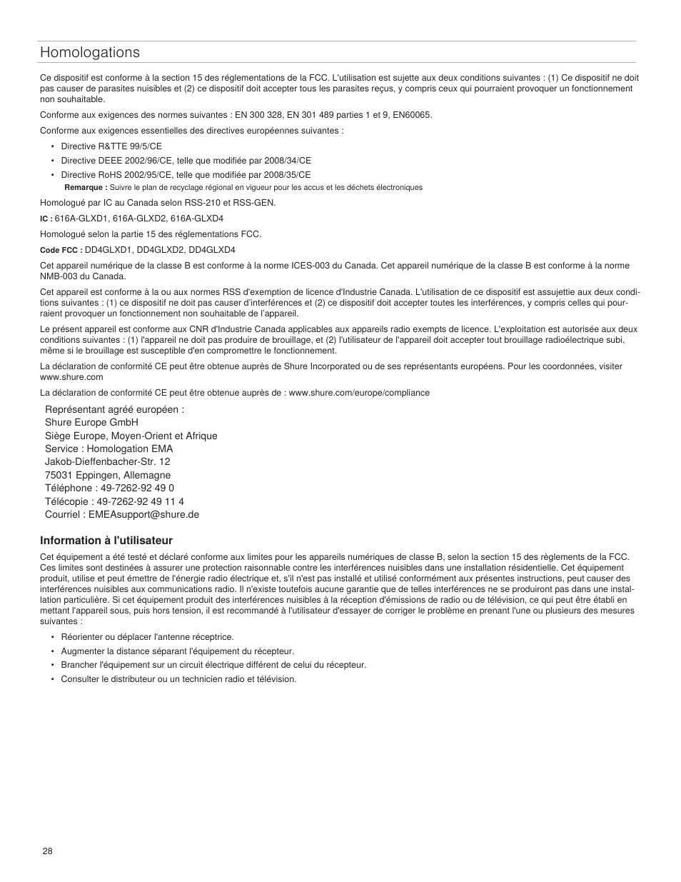 Homologations | Shure GLXD4 Wireless Receiver User Manual | Page 28 / 96