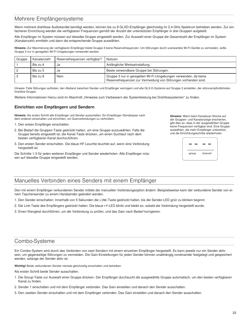 Mehrere empfängersysteme, Combo-systeme | Shure GLXD4 Wireless Receiver User Manual | Page 33 / 96