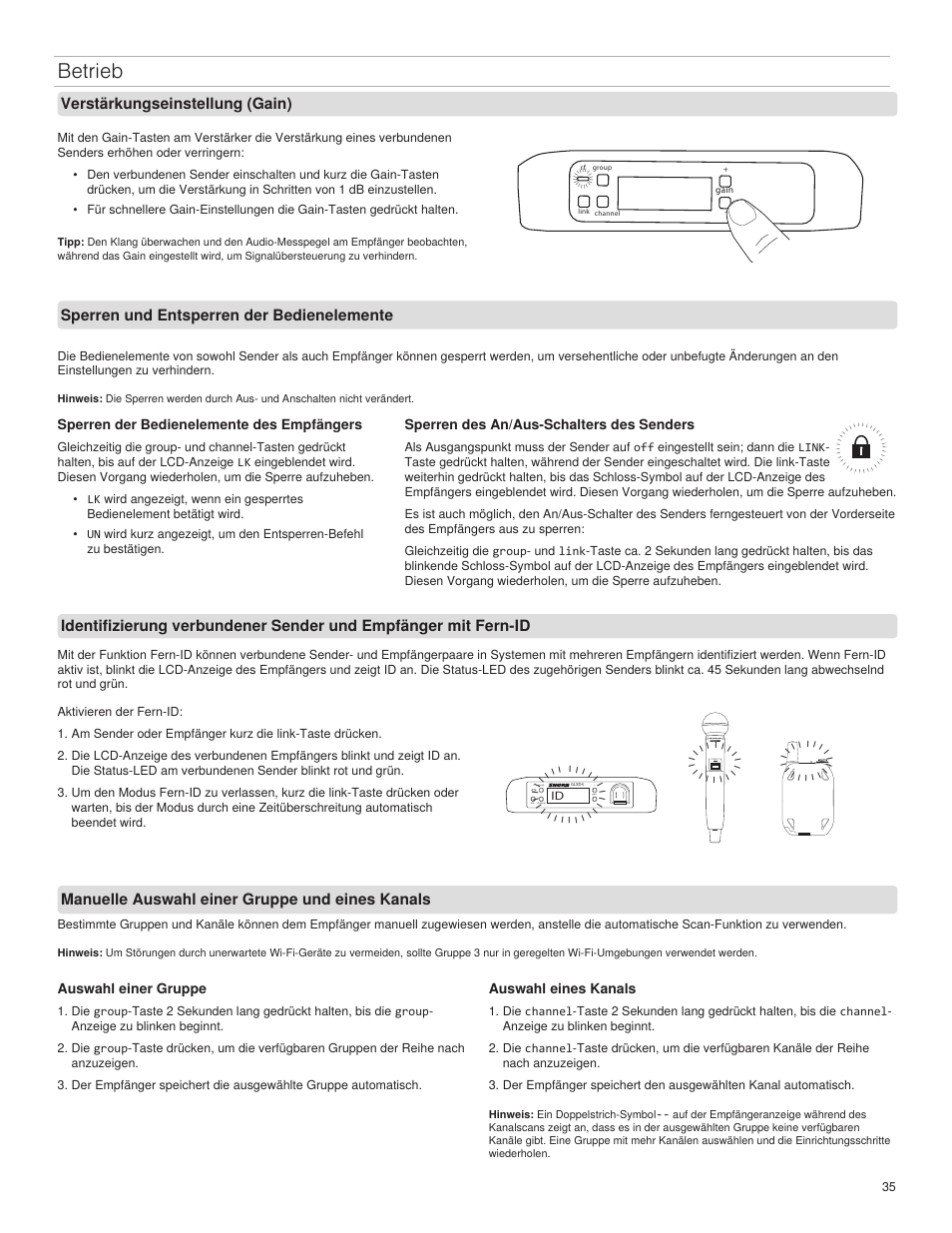 Betrieb, Verstärkungseinstellung (gain), Sperren und entsperren der bedienelemente | Manuelle auswahl einer gruppe und eines kanals, Sperren der bedienelemente des empfängers, Auswahl einer gruppe, Auswahl eines kanals, Sperren des an/aus-schalters des senders, Glxd2 on | Shure GLXD4 Wireless Receiver User Manual | Page 35 / 96