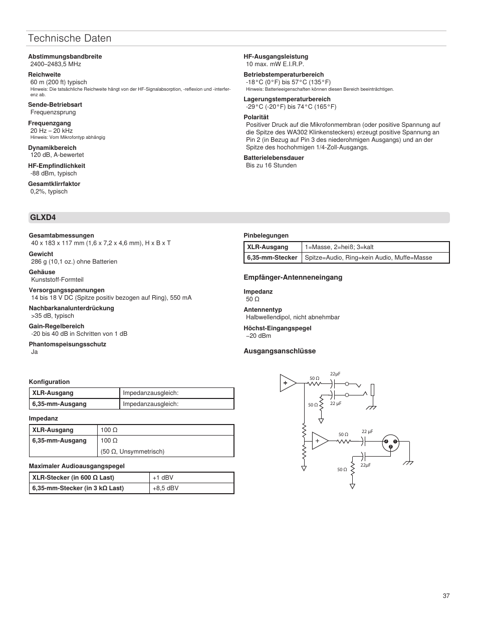 Technische daten | Shure GLXD4 Wireless Receiver User Manual | Page 37 / 96