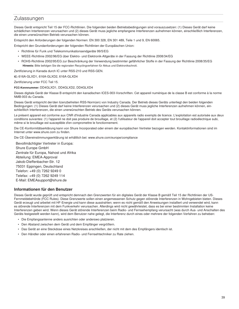 Zulassungen | Shure GLXD4 Wireless Receiver User Manual | Page 39 / 96