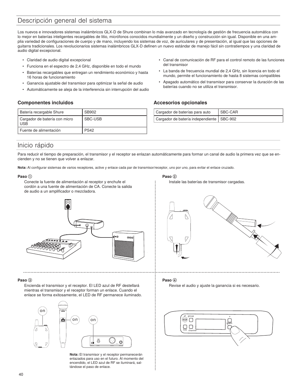 Descripción general del sistema, Inicio rápido, Componentes incluidos | Accesorios opcionales | Shure GLXD4 Wireless Receiver User Manual | Page 40 / 96