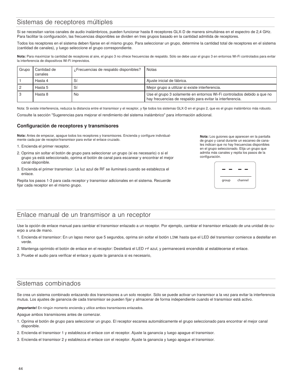 Sistemas de receptores múltiples, Enlace manual de un transmisor a un receptor, Sistemas combinados | Shure GLXD4 Wireless Receiver User Manual | Page 44 / 96