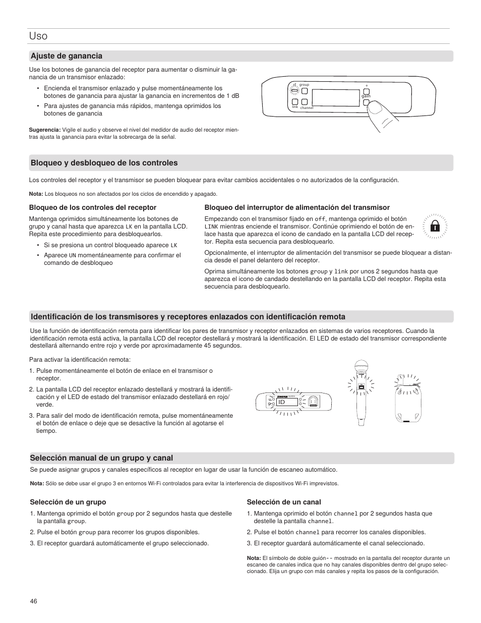 Ajuste de ganancia, Bloqueo y desbloqueo de los controles, Selección manual de un grupo y canal | Bloqueo de los controles del receptor, Selección de un grupo, Selección de un canal, Glxd2 on | Shure GLXD4 Wireless Receiver User Manual | Page 46 / 96