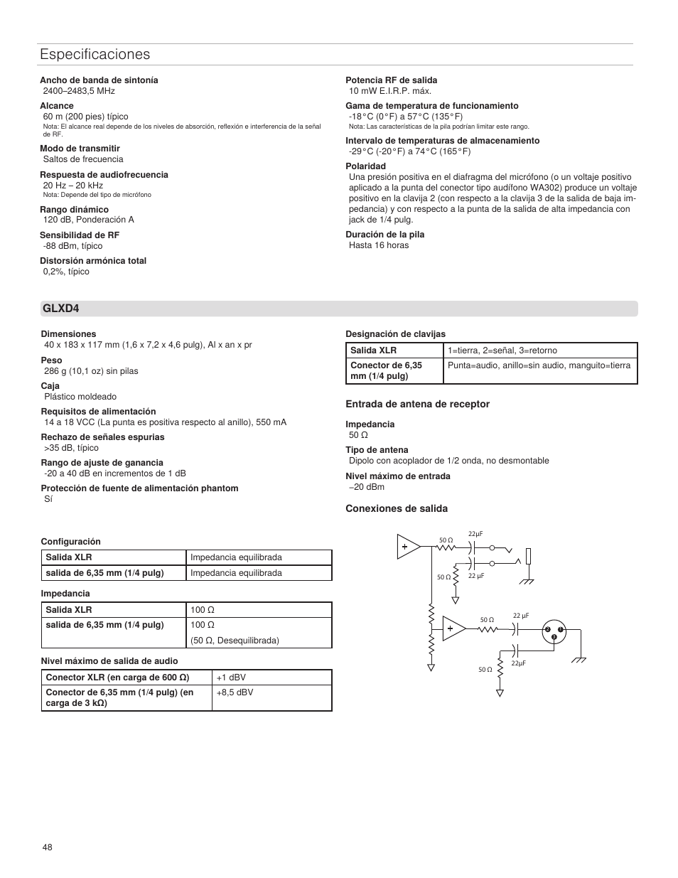 Especificaciones | Shure GLXD4 Wireless Receiver User Manual | Page 48 / 96