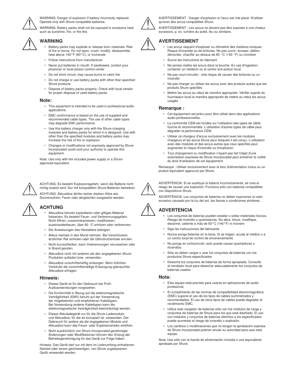 Warning, Avertissement, Remarque | Achtung, Hinweis, Advertencia, Nota | Shure GLXD4 Wireless Receiver User Manual | Page 5 / 96