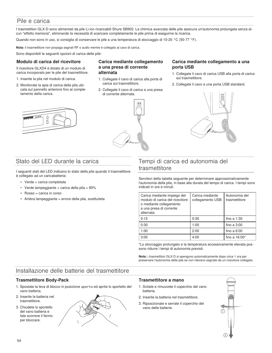 Pile e carica stato del led durante la carica, Tempi di carica ed autonomia del trasmettitore, Installazione delle batterie del trasmettitore | Shure GLXD4 Wireless Receiver User Manual | Page 54 / 96