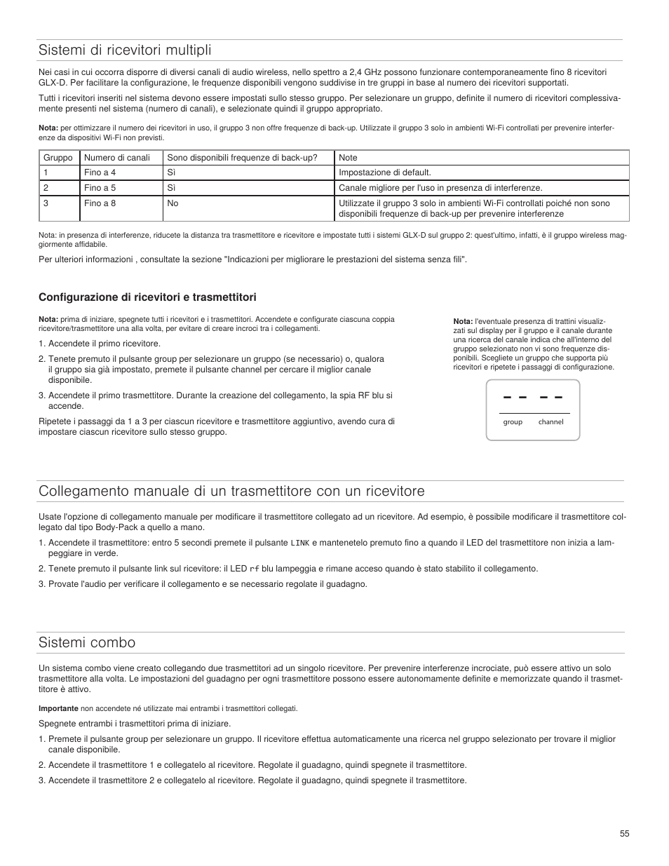 Sistemi di ricevitori multipli, Sistemi combo | Shure GLXD4 Wireless Receiver User Manual | Page 55 / 96