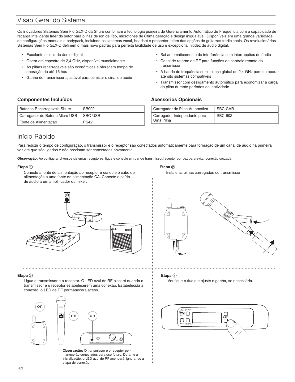 Visão geral do sistema, Início rápido, Componentes incluídos | Acessórios opcionais | Shure GLXD4 Wireless Receiver User Manual | Page 62 / 96